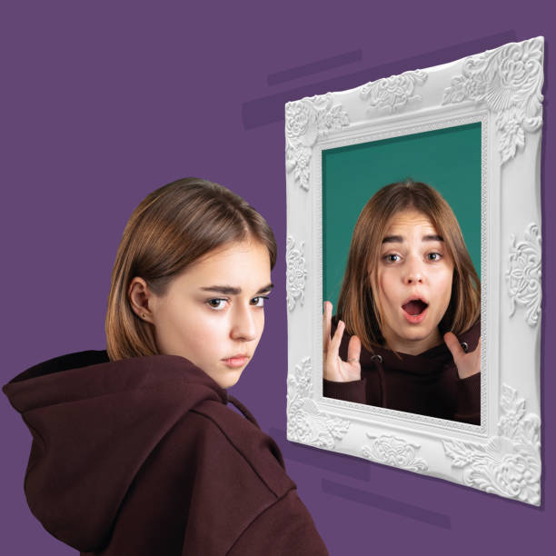 istock Adolescent problems. Young girl looking from mirror isolated on light background. Contemporary art collage. Concept of emotions, inner world, mental health 1370892621