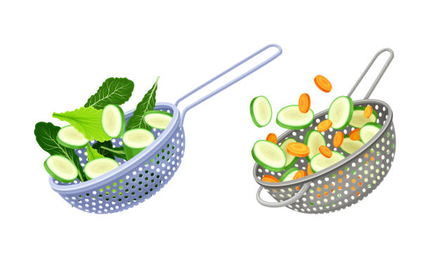 gemüse im küchensieb set. siebe voller grün, gurken, zucchini, karottengemüse. vektorillustration für gesunde bio-lebensmittel - salatsieb stock-grafiken, -clipart, -cartoons und -symbole