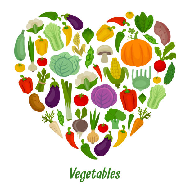 illustrazioni stock, clip art, cartoni animati e icone di tendenza di composizione a forma di cuore di verdure. verdure fresche. bioalimento. - leaf vegetable vegetable market agricultural fair