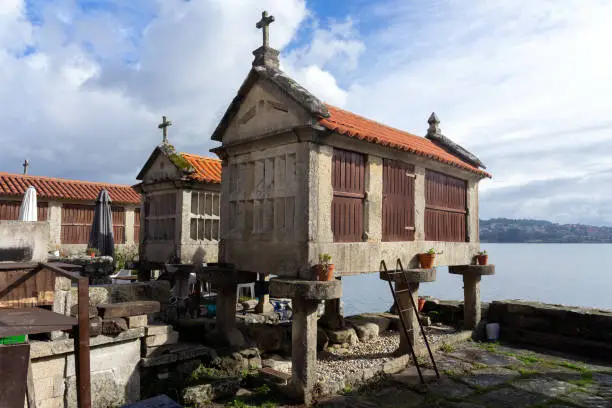 Photo of Fishing village of Combarro with the typical horreos (fish drying sheds). Galicia, Spain.