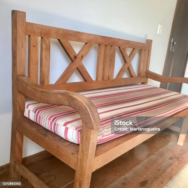 Wooden Bench With Cushion Stock Photo - Download Image Now - Bench, Headboard, Alder Tree
