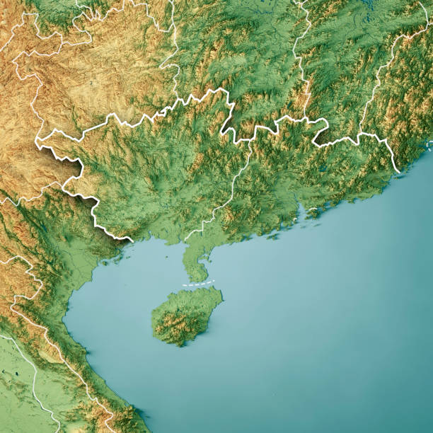 región del sur de china renderizado 3d mapa topográfico borde de color - isla de hainan fotografías e imágenes de stock