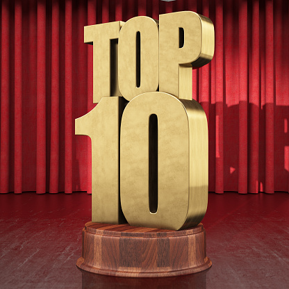 Top 10 Award Under Spotlight with Red Curtain. 3D Render
