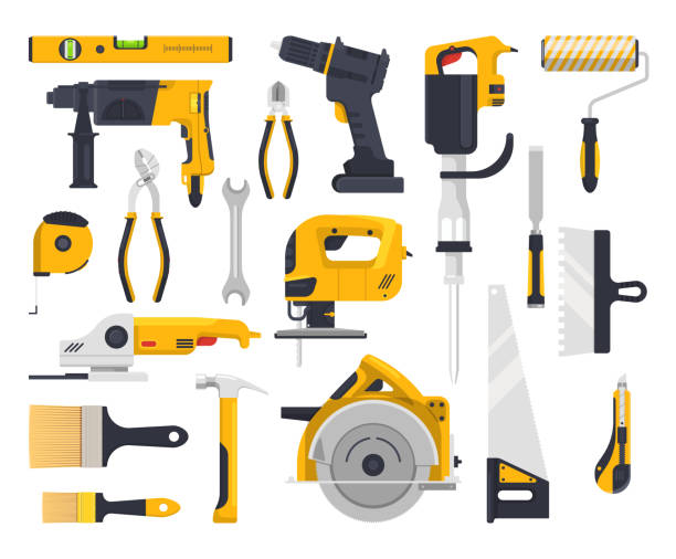 ilustraciones, imágenes clip art, dibujos animados e iconos de stock de juego de herramientas de trabajo, construcción, carpintería, vector de carpintería - wrench ruler screwdriver hammer