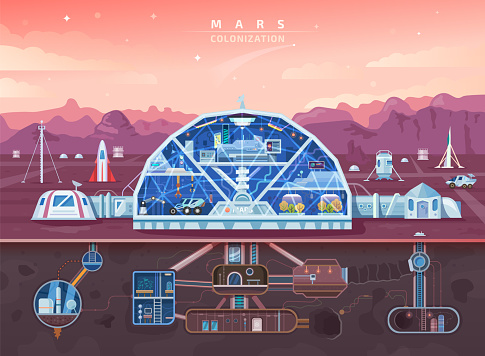 Mars colonization, space planet colony background, vector future life. Mars colonization mission and galaxy civilization base in galaxy universe, astronauts city landscape, spaceships and architecture
