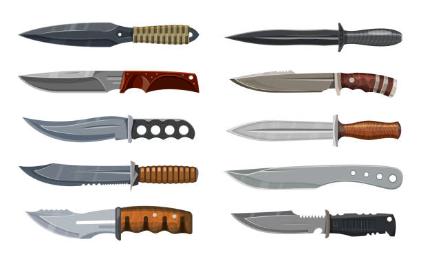 Knives set, military, hunting and combat weapon Knives or combat weapon blades, military and hunting daggers, vector different model types. Dirk blades, pocketknife, foldable jackknife or penknife, camper, trapper sword and hunter knife blades penknife stock illustrations