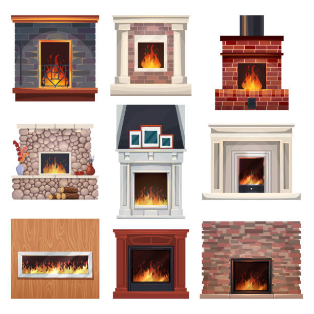 Fireplace and fire place wood, home interior decor, vector flat isolated set. Fireplaces, house design elements with chimney and mantelpiece, modern electric and classic vintage of wood and brick