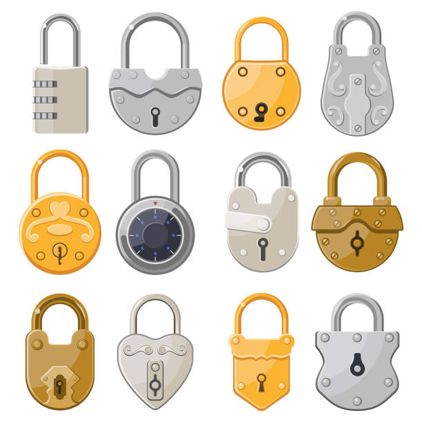 Locks, padlocks, vintage old or modern key lockers Locks and padlocks, vintage old and modern key lockers, vector collection. Code padlock and antique lock in heart shape, golden metallic and silver locks with code combination and keyholes latch stock illustrations