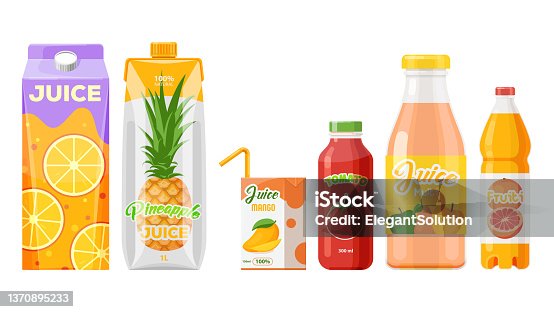 istock Juice packages, carton boxes, fruit drinks bottles 1370895233