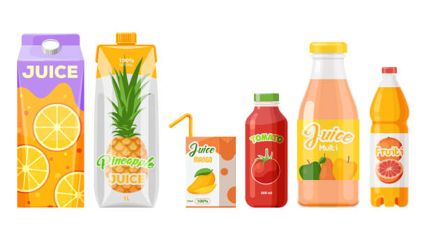Juice packages, carton boxes, fruit drinks bottles Juice packages, carton boxes and bottles, vector fruit juice packs. Orange fruit and tropical mango juice pack with drinking straw, apple and pear multivitamin and grapefruit citrus drink bottles juice carton stock illustrations