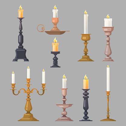 Candlesticks and candle holders or candelabra, vector collection set. Vintage old chandelier candle lamp and classic candlelight lanterns with burning fire, retro and modern candlesticks