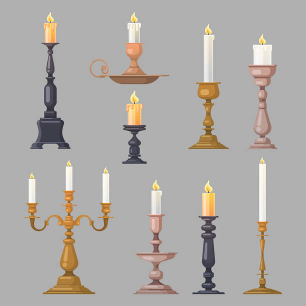 Candlesticks, candle holders and candelabra lights vector Candlesticks and candle holders or candelabra, vector collection set. Vintage old chandelier candle lamp and classic candlelight lanterns with burning fire, retro and modern candlesticks candlestick holder stock illustrations