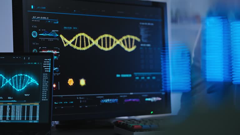 DNA chain animation on computers in genetic lab, modern technology, science