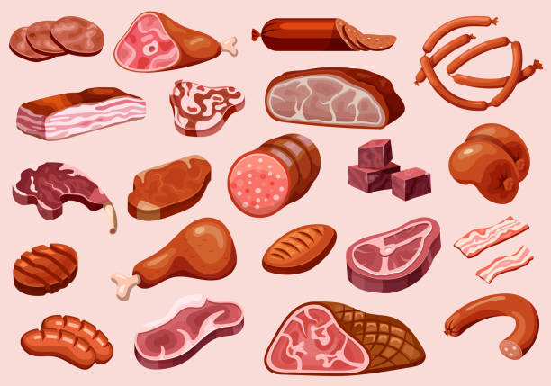 stockillustraties, clipart, cartoons en iconen met meat and sausages, butchery shop food products set - chorizo