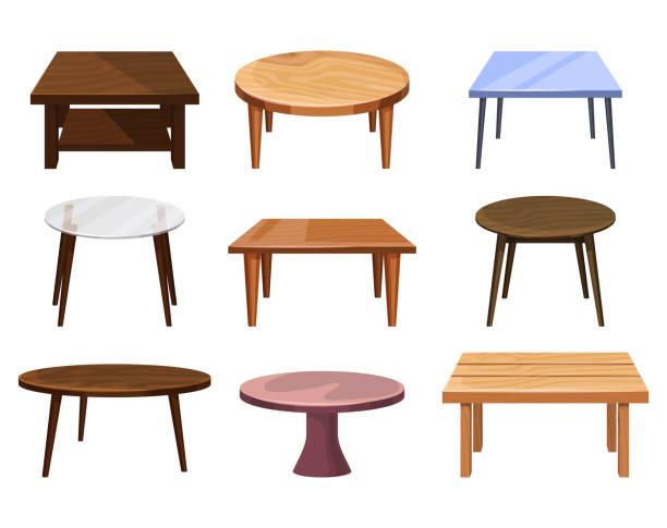 Tables furniture of wood, interior wooden desks Tables furniture of wood, wooden desks and interior objects, vector set. Round and square tables with legs for kitchen, home and office, modern and vintage stands, coffee and dinner tabletops glass showroom stock illustrations