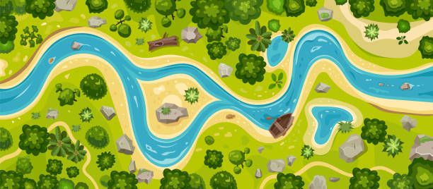River top view landscape above forest, aerial map River in forest, map aerial top view, valley water stream landscape, vector background. Forest park or canyon with river wave flowing between hills with grass, nature scene of garden terrain river illustrations stock illustrations