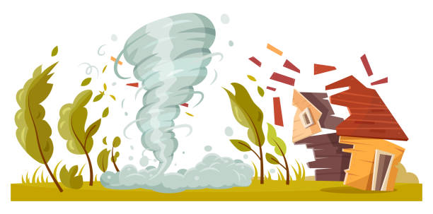 Tornado storm destroying house, hurricane cyclone Tornado storm destroying house, hurricane or cyclone wind, vector natural disaster damage. Stormy weather with typhoon tornado, home building destruction by nature cataclysm 1354 stock illustrations