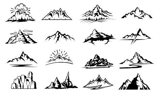 Mountains and nature silhouette icons of landscape with sun, night moon and river. Camping travel and tourism signs for forest hiking and mountaineering or outdoor adventure, forest park and trekking
