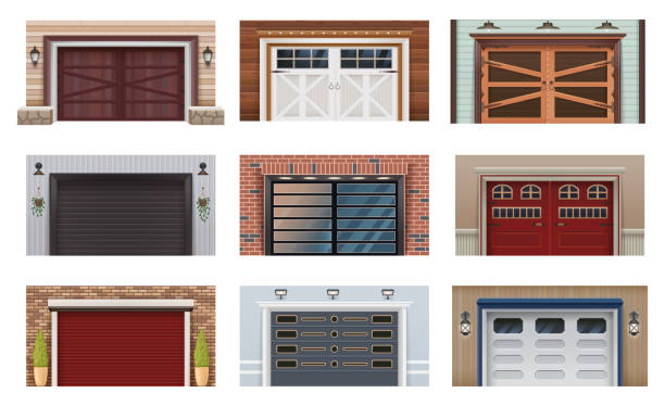 stockillustraties, clipart, cartoons en iconen met garage door gates, warehouse shutter metal rollers - deur