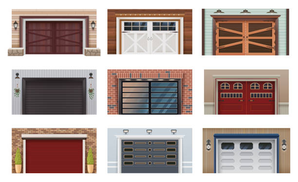 ilustrações de stock, clip art, desenhos animados e ícones de garage door gates, warehouse shutter metal rollers - barn door