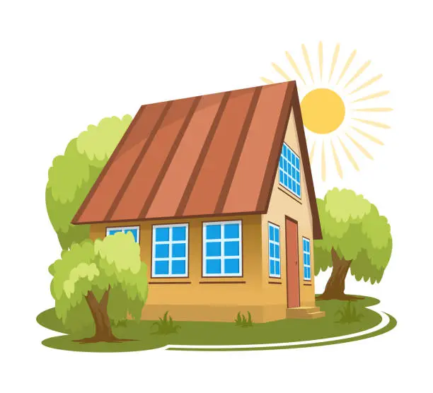 Vector illustration of Summer landscape. House surrounded by trees