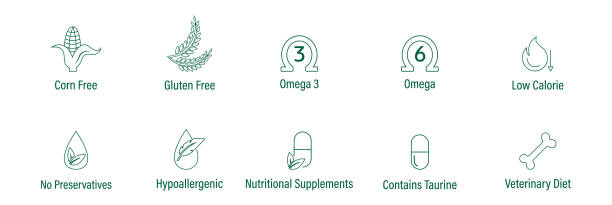 옥수수 프리, 글루텐 프리, 오메가 3, 오메가 6, 저칼로리, 보존 없음, 저자극성, 영양 보충제, 타우린, 수의학 식단, 아이콘 세트 벡터 일러스트레이션 - nutritional stock illustrations