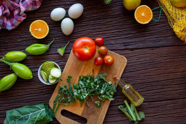 istock Healthy Food with veggies, eggs with copy space. Top View 1370900656