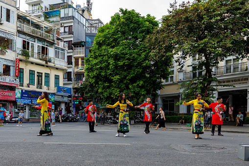 Hanoi, Bac Bo, Vietnam - October 27, 2019: Traditional street music in the streets of Hanoi in Vietnam