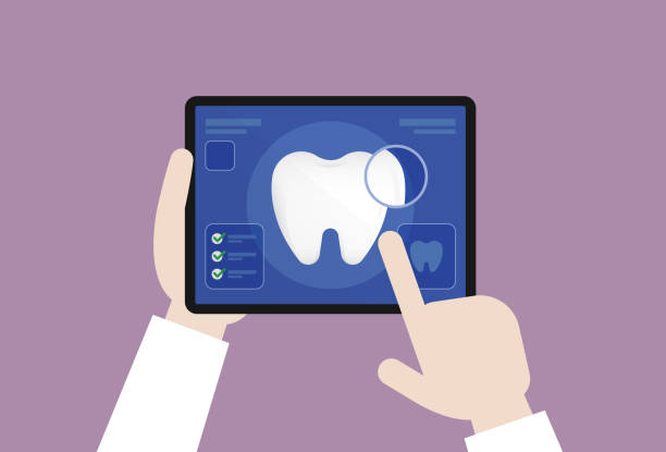 Dentist checking a tooth with a tablet Health technology, Toothache, Eating, Cleaning, Dental health dentists office stock illustrations