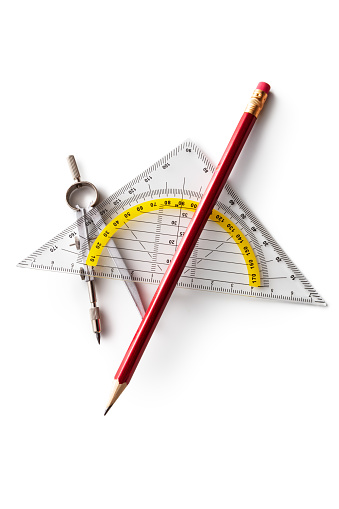 Office Supplies: Drawing Compass, Pencil and Triangle Isolated on White Background