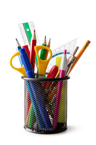 Office Supplies: Pencil Holder with Contents Isolated on White Background