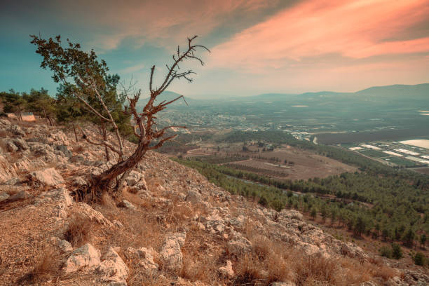 vista desde el monte precipicio a iksal, un consejo árabe local en el norte de israel, al sureste de nazaret - israel fotografías e imágenes de stock