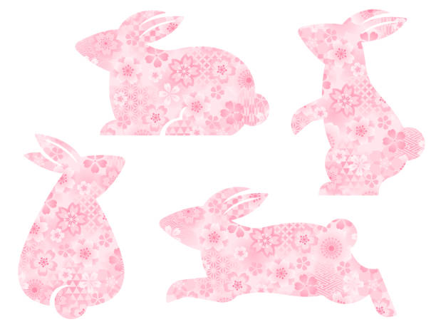 istock Rabbit silhouette set with pink cherry blossoms and Japanese traditional patterns 1370905675