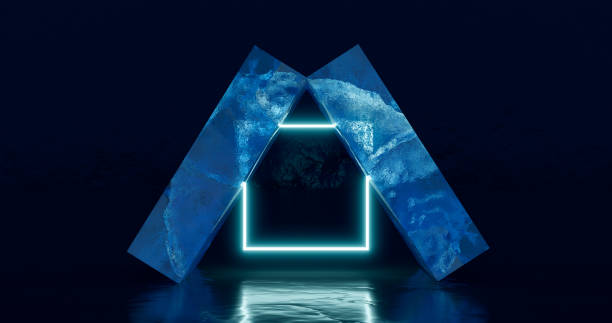 istock 3D rendering. A podium or stand made of a solid piece of rectangular blue ice on a dark background in neon light. Background for the studio. 1370907748