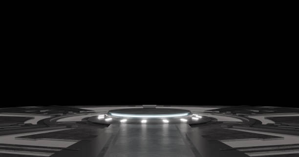 istock 3d rendering. Empty light studio room futuristic Sci Fi big hall room with lights white, Future background for design. 1370907787