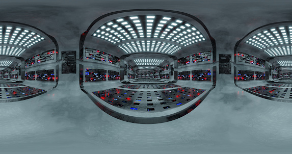 3d rendering. HDRI environment map. 360 degree spherical seamless vr panorama. Abstract empty t interior of spacecraft or station corridor with neon lighting.