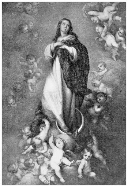 ilustraciones, imágenes clip art, dibujos animados e iconos de stock de fotografías de viajes antiguas de parís y francia: la "inmaculada concepción" de murillo - inmaculada concepción