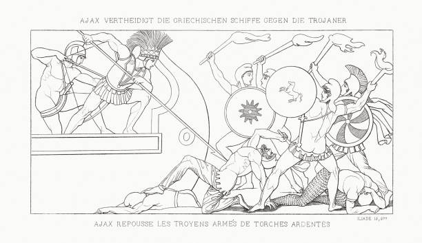 ajax verteidigt die griechischen schiffe gegen die trojaner (ilias) - ilium stock-grafiken, -clipart, -cartoons und -symbole