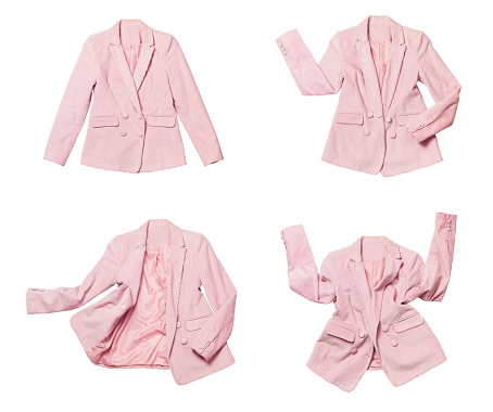 Womens fashionable pink blazer isolated on white background. Female fashion, clothing, stylish fabric cotton blazer. Collection of different shapes of flying Corduroy jacket. Spring clothes.