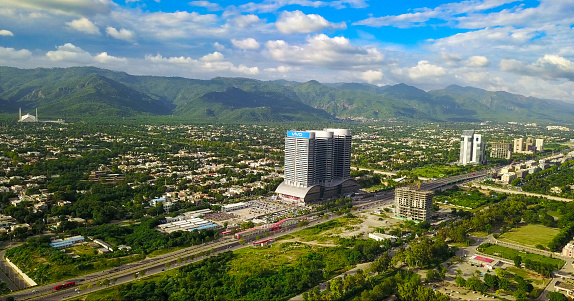 an aerial landscape photography of a city of Islamabad ,the capital of PakistanThis aerial view was taken in March,2019.