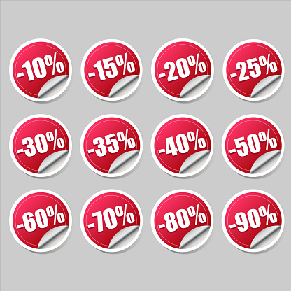 red round stickers with discount percentages for websites, online and offline stores