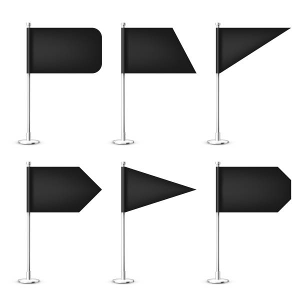 istock Realistic various table flags on a chrome steel pole. Blank black desk flag made of paper or fabric. Shiny metal stand. Mockup for promotion and advertising. Vector illustration 1370911695