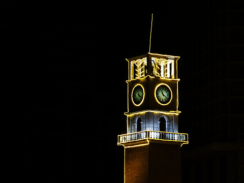 A satisfying image of the Clock Tower in Tirana that was decorated because of Christmas.