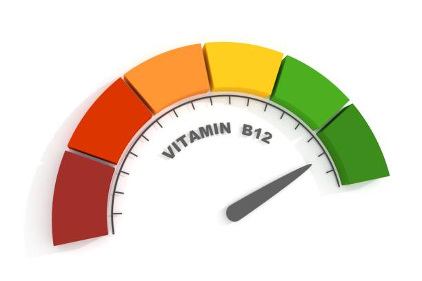 istock Vitamin B12 level abstract scale. Food value measuring. 3D render 1370913196
