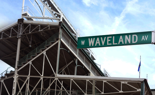 Chicago, IL - USA - 8-09-2017: Wrigley Field in Chicago, home of the Chicago Cubs, showing the Waveland Ave street sign