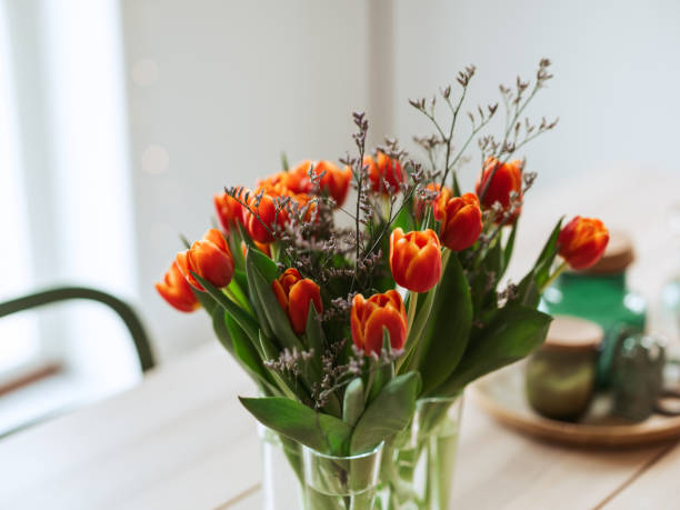 istock Red orange tulips indoors on kitchen table 1370914558