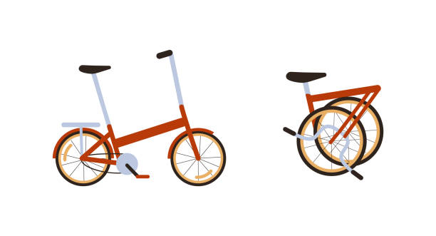 Set of Red Modern Folding City Bike. Ecological Transport side view and fold up. Commuting by compact portable electric Lightweight Bike. Ecological Transportation. Vector flat isolated on white. Set of Red Modern Folding City Bike. Ecological Transport side view and fold up. Commuting by compact portable electric Lightweight Bike. Ecological Transportation. Vector flat isolated on white foldable stock illustrations