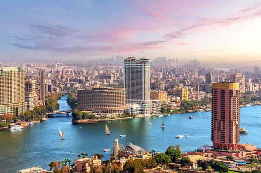 Skyline over the Nile in Cairo before sunset, aerial view, Egypt