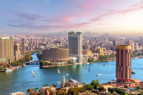 Photo of Skyline over the Nile in Cairo before sunset, aerial view, Egypt
