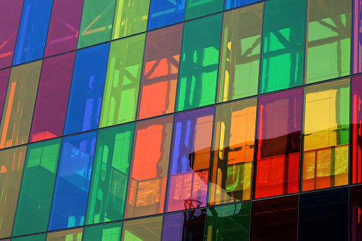 Abstract compositions depicting details of ultra modern, colorful urban architecture in the city. *** APARTMENT BUILDING AND OFFICE SPACE SHOT IN TOTTENHAM COURT ROAD, LONDON, UK ***